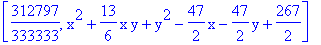 [312797/333333, x^2+13/6*x*y+y^2-47/2*x-47/2*y+267/2]